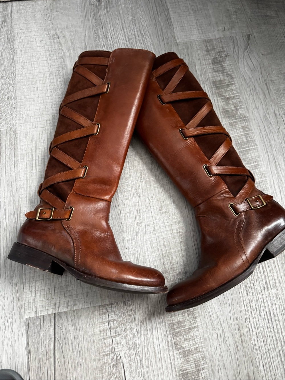 Frye Brown Leather Over-the-Knee Strappy Riding Boots